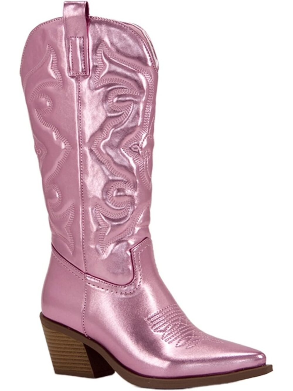 Women’s Pink Knee High Cowboy Boots Wide Calf Embroidered Pointed Toe Western